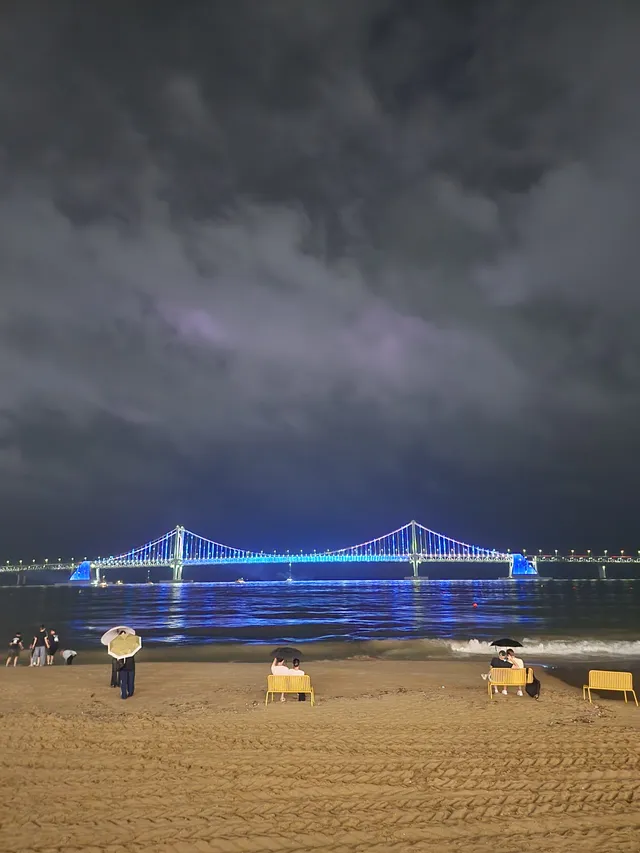 광안리 해변 벤치에 앉아있는
  사람들
